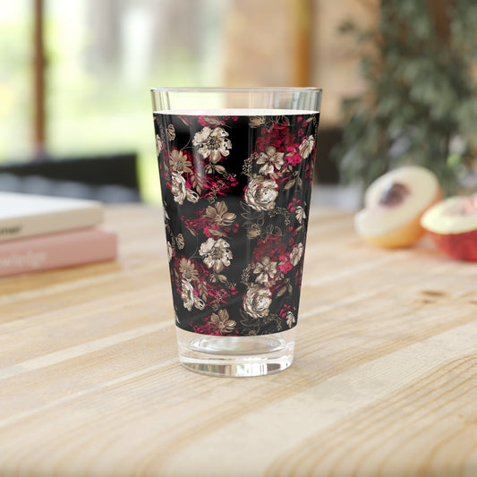 Rose Floral Print Pint Glass - 16oz - 16oz - drinkware