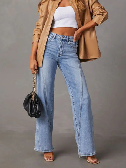 High Waist Straight Jeans with Pockets - -