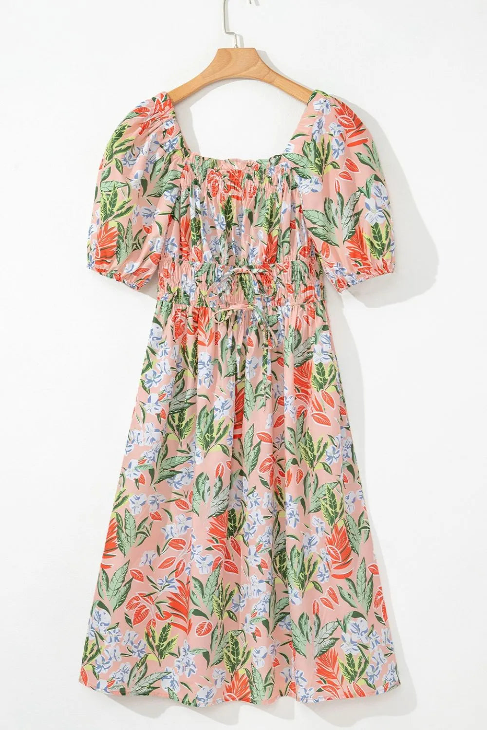 Floral Smocked Square Neck Puff Short Sleeve Midi Dress - -