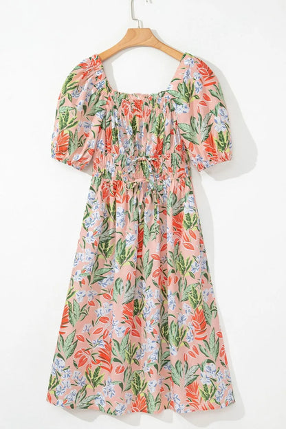 Floral Smocked Square Neck Puff Short Sleeve Midi Dress - -