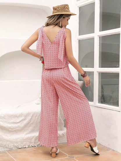 Gingham Tie Shoulder Top and Pants Set- Shopimist- {{Product type}}