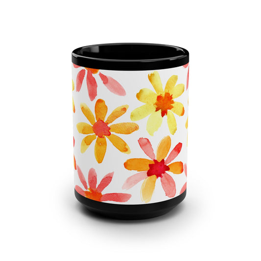 Watercolor Flowers Coffee Mug - 15oz Black Mug - Kia Day Design