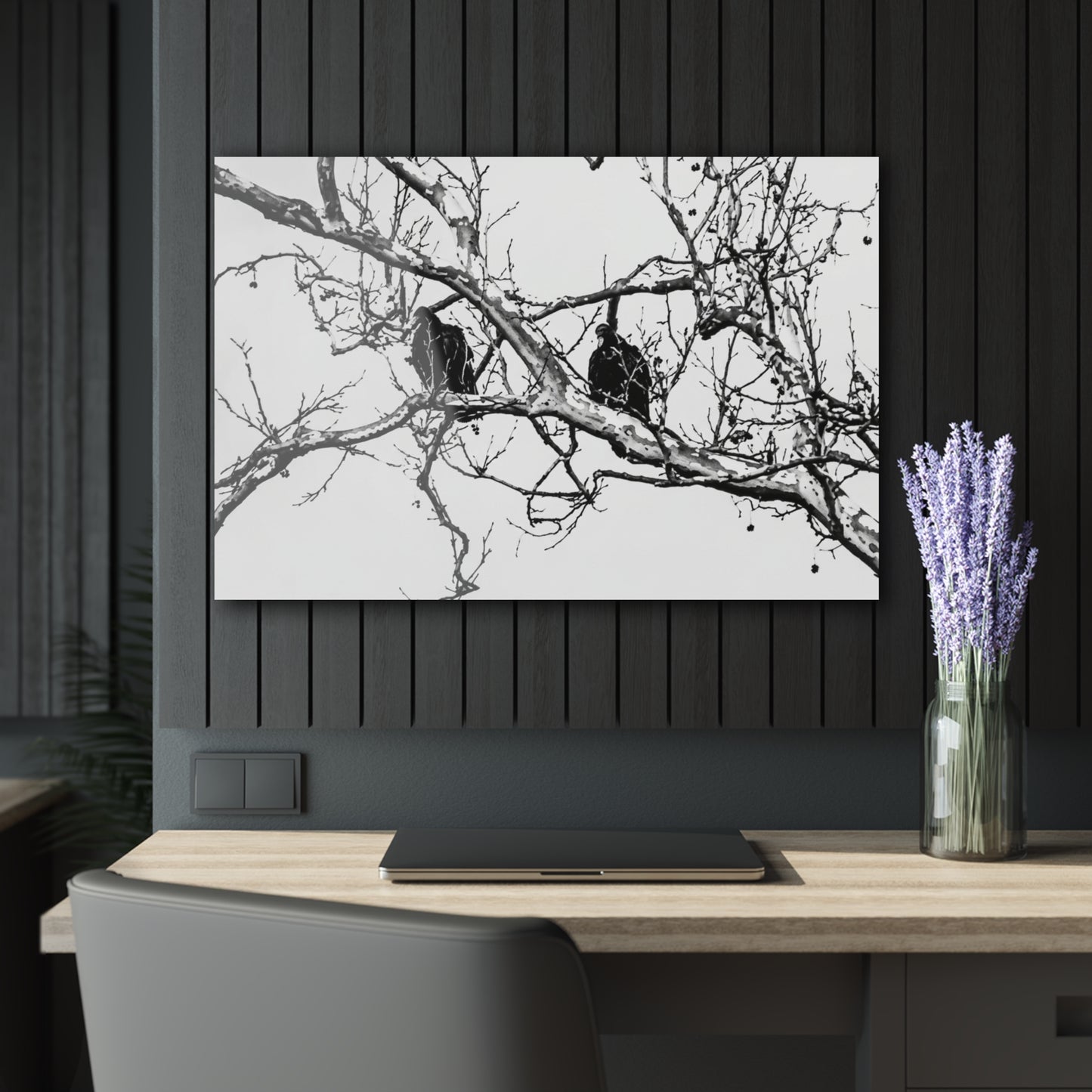 Black & White Buzzards Silhouette Acrylic Print — Modern Minimalist Wall Art - 36" x 24" (Horizontal) 0.25'' - Home Decor