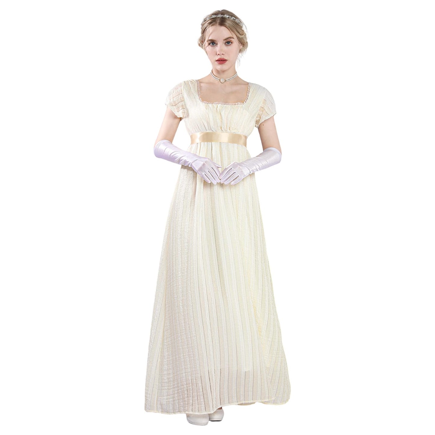 Victorian Puff Sleeve Empire Waist Gown Yellow XL - - dress