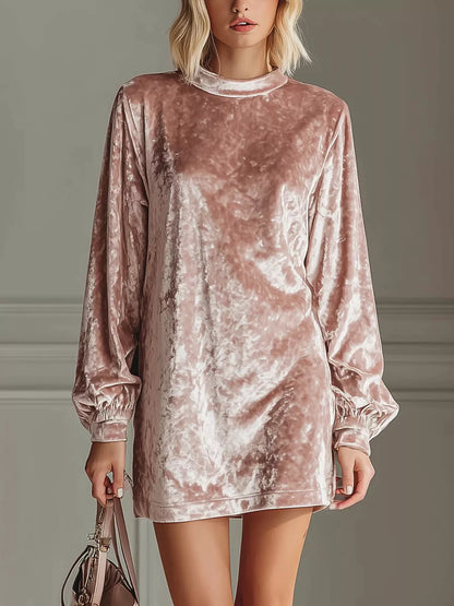 Velvet Long Sleeve Mini Dress - - Dresses
