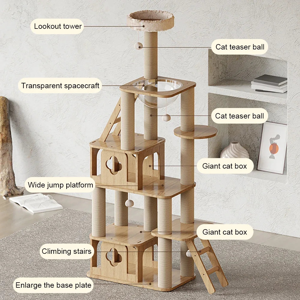 Wood Cat Tree House Cat Tower With Sisal Rope Scratching Posts Climbing Toy