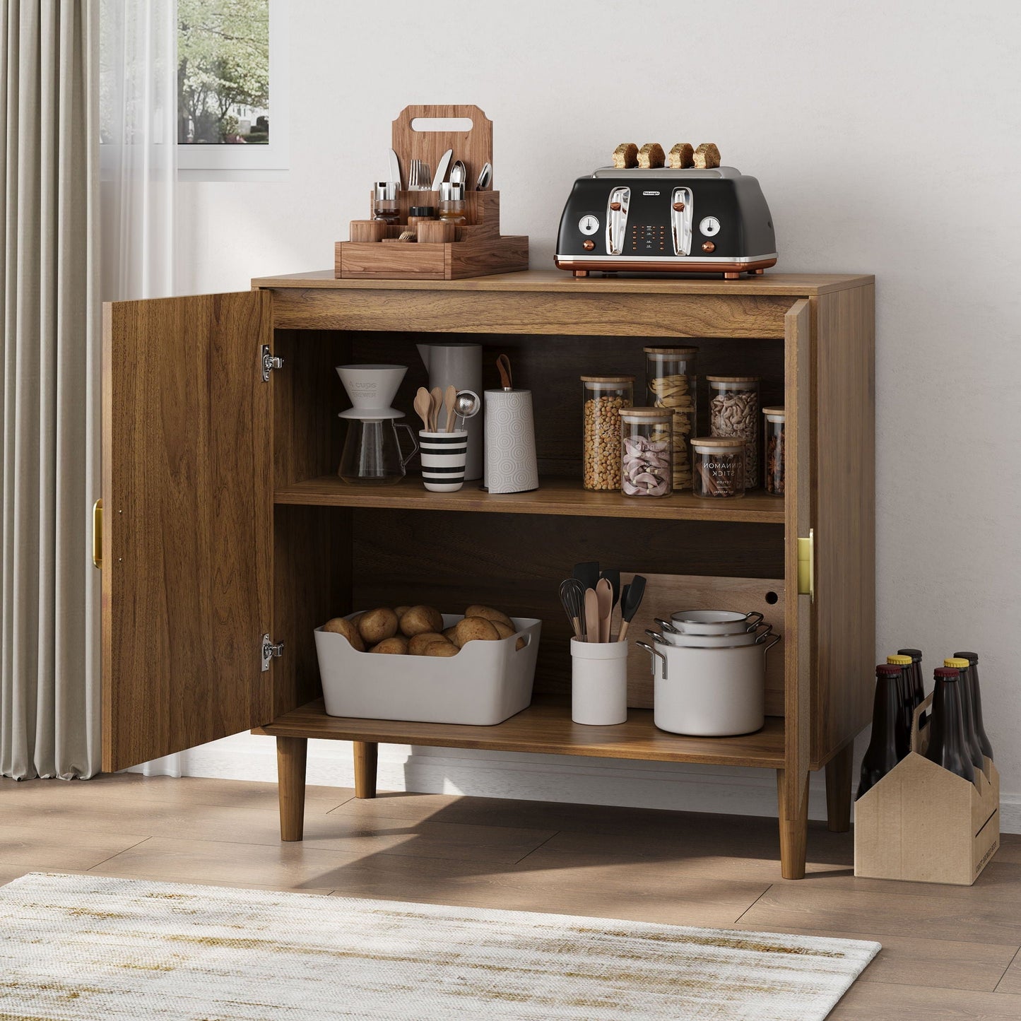 Buffet Cabinet With Line Groove Design, Sideboard Buffet Cabinet With Storage, Multifunctional Accent Cabinet For Living Room, Entryway, Hallway, Office, Kitchen - Brown - - Sideboards