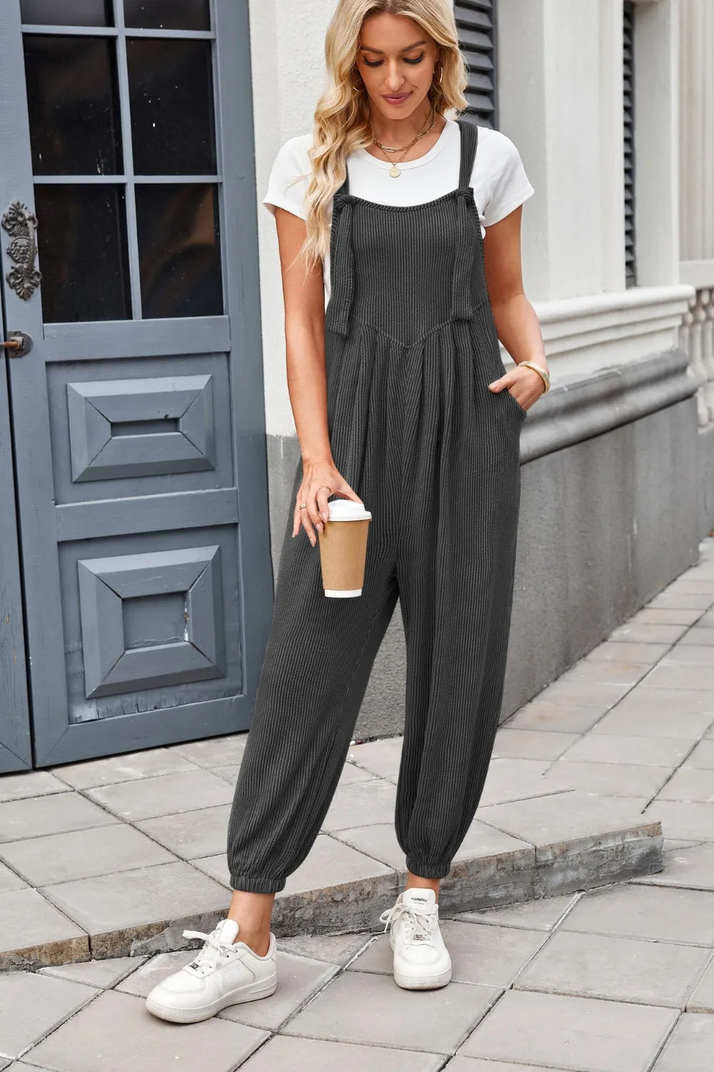 Lovelet Knotted Strap Overalls with Pockets - -