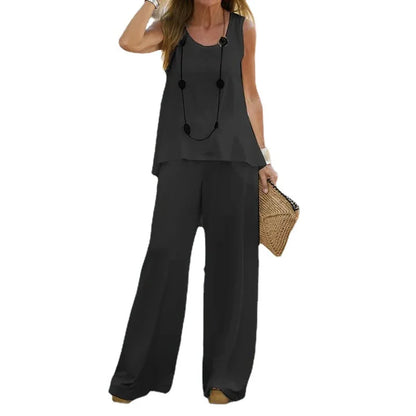 Pullover Sleeveless Round Neck Top Wide Leg Pants Set Two Piece Set