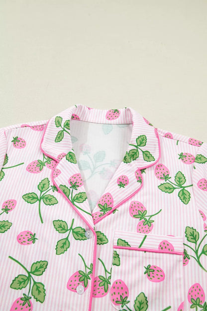 Striped Strawberry Print Lapel Shirt Drawstring Shorts 2pcs Pajama Set- Shopimist- {{Product type}}