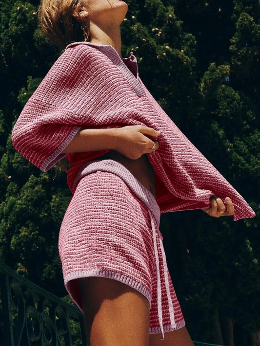 Collared Neck Contrast Striped Top and Shorts Sweater Set - - pajamas