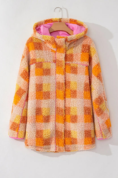 Checkered Long Sleeve Sherpa Hooded Jacket - -