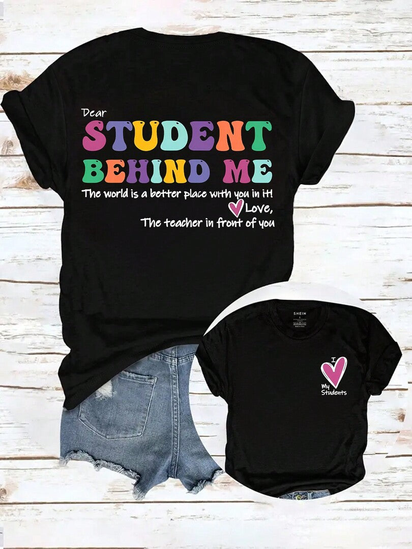 Women's Letter & Heart Print T-Shirt – Casual Crew Neck Tee, Soft Summer Top for Vacation & Daily Wear - - T-shirt