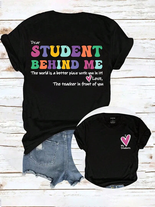 Women's Letter & Heart Print T-Shirt – Casual Crew Neck Tee, Soft Summer Top for Vacation & Daily Wear - - T-shirt