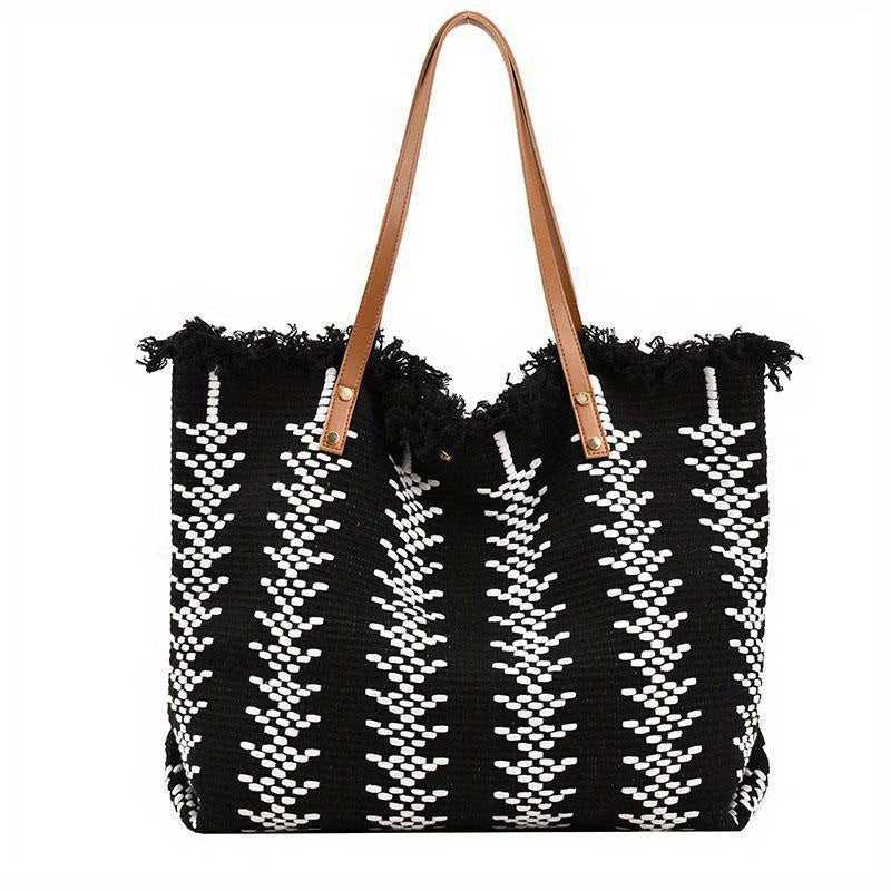 Bohemia canvas woven tote bag simple ethnic purse - Black -
