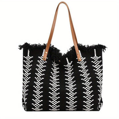 Bohemia canvas woven tote bag simple ethnic purse - Black -