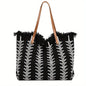 Bohemia canvas woven tote bag simple ethnic purse - Black -