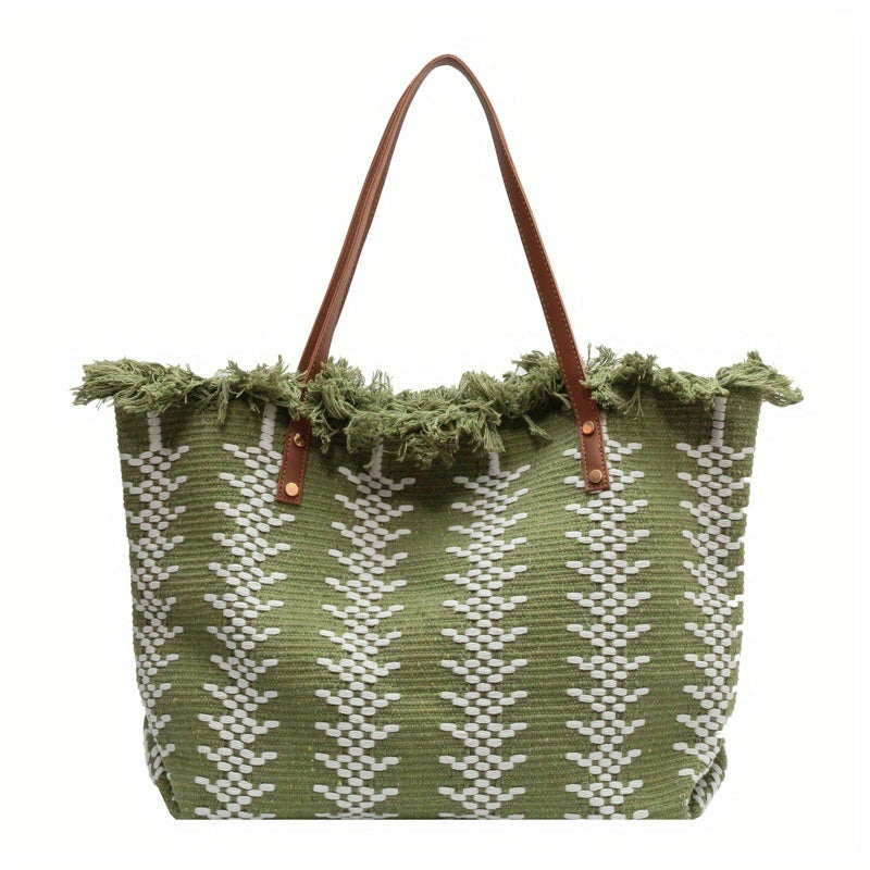 Bohemia canvas woven tote bag simple ethnic purse - Green -