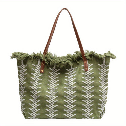 Bohemia canvas woven tote bag simple ethnic purse - Green -