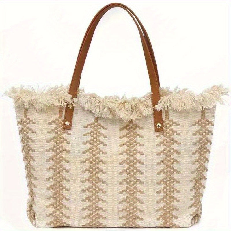 Bohemia canvas woven tote bag simple ethnic purse - Beige -