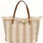 Bohemia canvas woven tote bag simple ethnic purse - Beige -