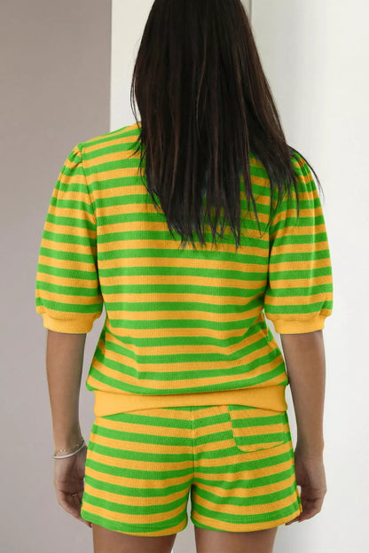 Striped Puff Sleeve Top and Drawstring Shorts Set- Shopimist- {{Product type}}