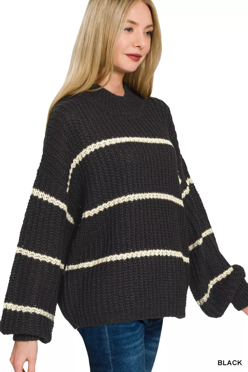 Zenana Oversize Striped Sweater - -