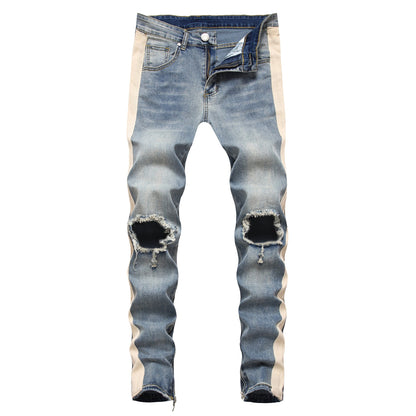 Mens Retro White Striped Ripped Jeans - Blue M - jeans