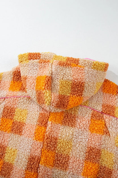 Checkered Long Sleeve Sherpa Hooded Jacket - -