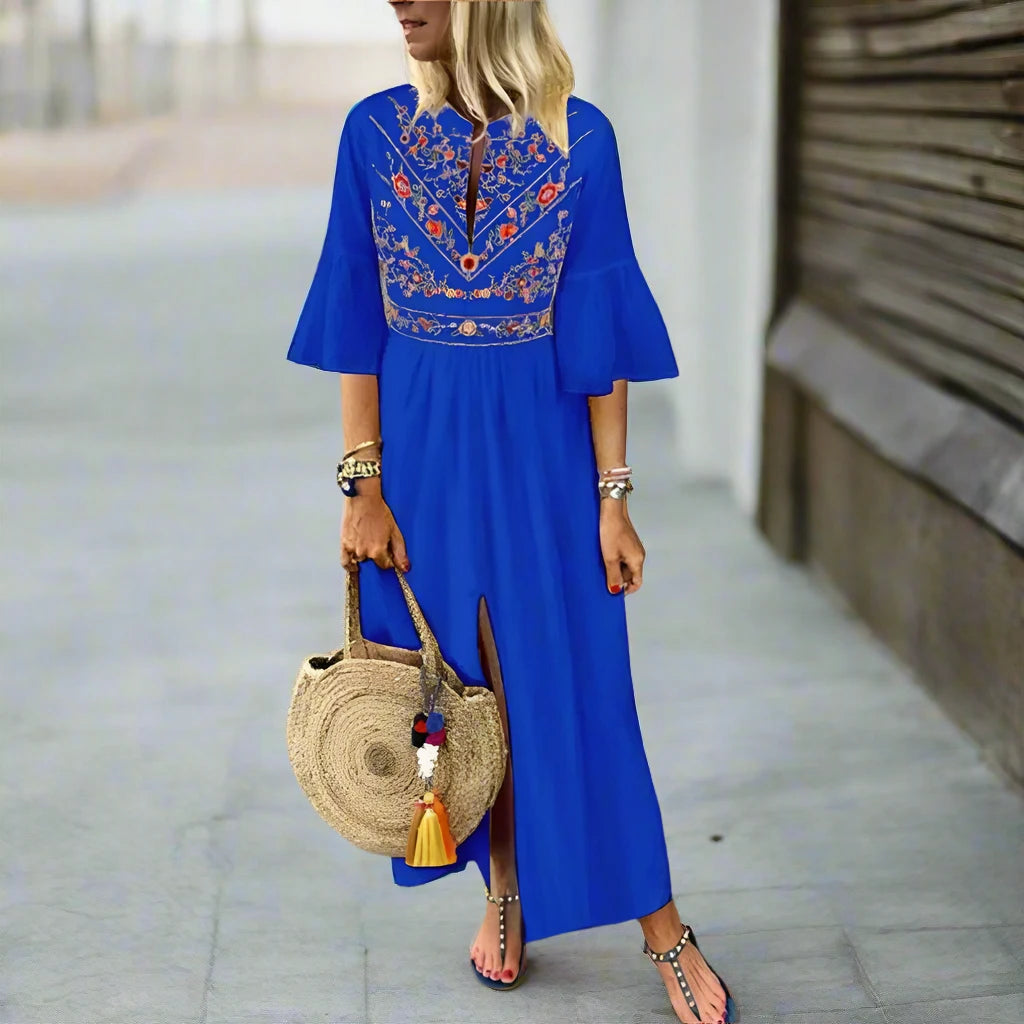 Bohemian Vintage Print Dress v Neck Ruffle Sleeve Split Maxi Long Dress