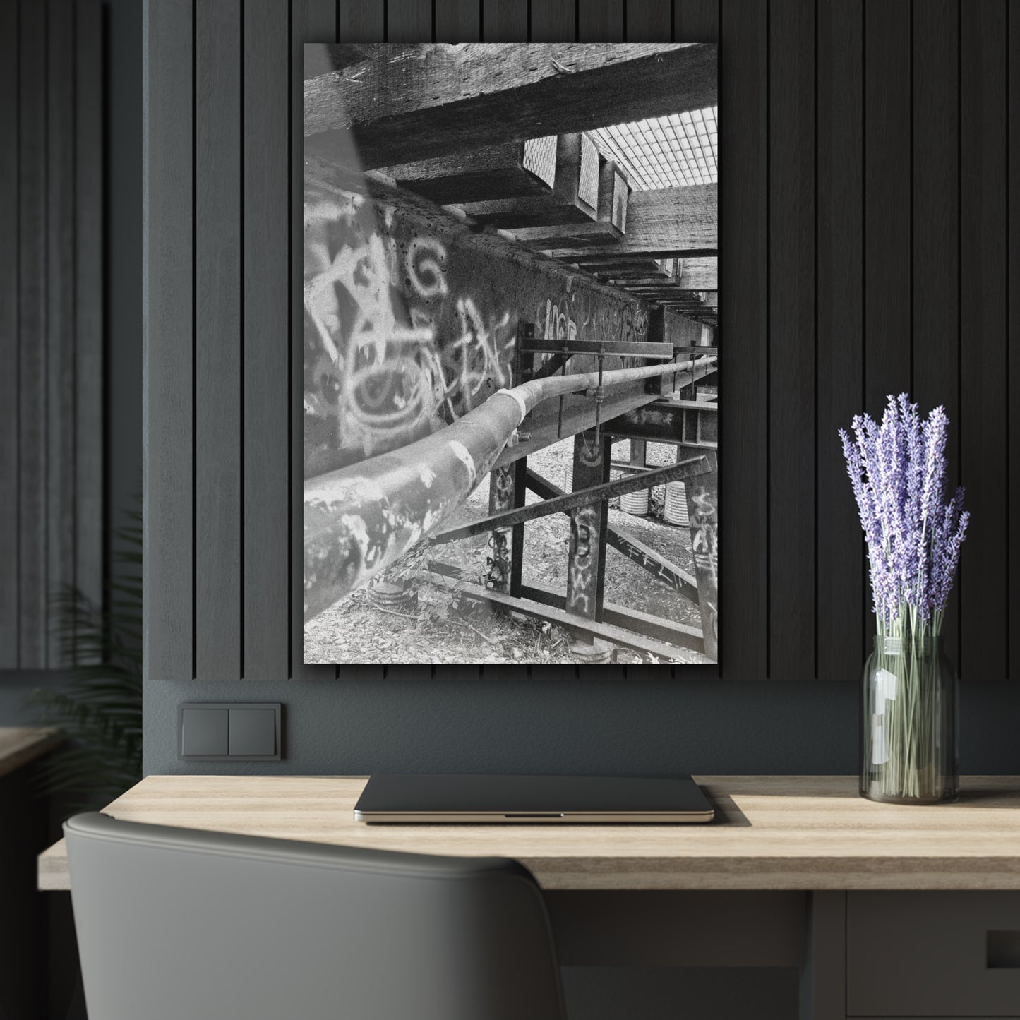 Black & White Urban Graffiti Acrylic Print — Industrial Alley Wall Art French Cleat - 24" x 36" (Vertical) 0.25'' - Home Decor