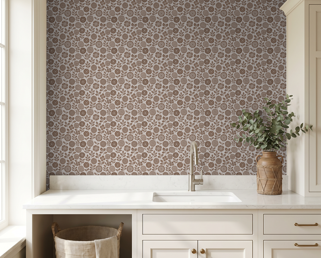 Folkflower (Brown) Wallpaper - LUXE Peel & Stick - Wallpaper