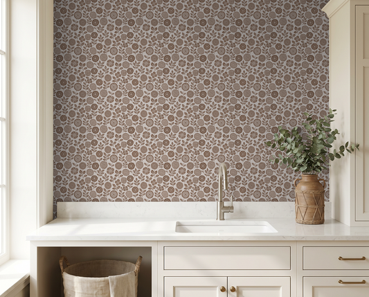 Folkflower Brown Wallpaper - LUXE Peel & Stick - Wallpaper