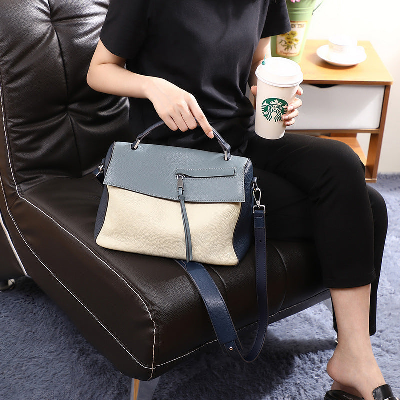Genuine leather bag for female bag shoulder bag large capacity with contrast color pattern tote - Blue -