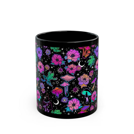 Cosmic Floral Black Mug 11oz & 15oz Coffee Cup - Kia Day Design