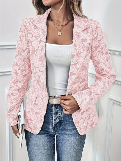Light Pink Floral Print Single Button Blazer with Pockets - - blazer