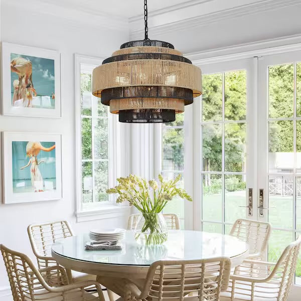 Open Box Prime Ray Luster Boho 24 in. 6-Light 7-Tier Hand Woven Rattan Pendant Chandelier Light with Large Shade and Black Finish - - Open Box Prime Ray Luster Boho 24 in. 6-Light 7-Tier Hand Woven Rattan Pendant Chandelier Light with Large Shade and Black Finish
