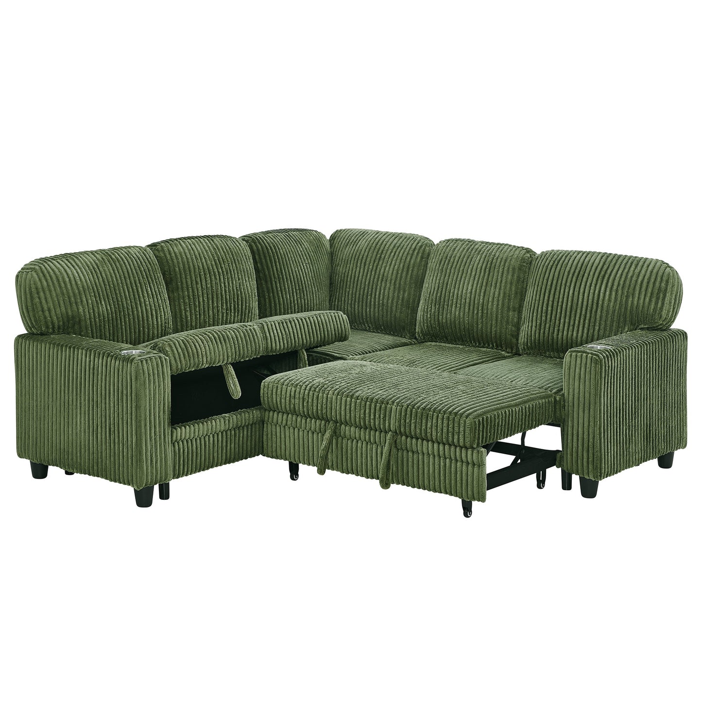 Sofa Bed L-Shape Corduroy Olive Green 5 Seat Pull-Out USB Ports 81 In- NIKKI CASA- {{Product type}}