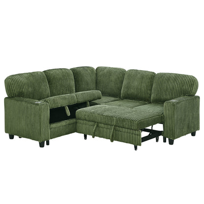 Sofa Bed L-Shape Corduroy Olive Green 5 Seat Pull-Out USB Ports 81 In- NIKKI CASA- {{Product type}}