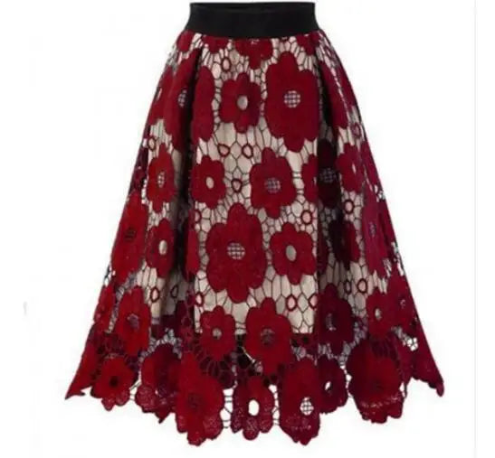 Women Flower Embroidery Hollow Out Lace Skirt Black Skirt