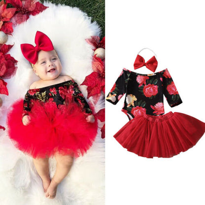 Spring Autumn Off-Shoulder Elastic Floral Dress - Black red 70cm - outfit