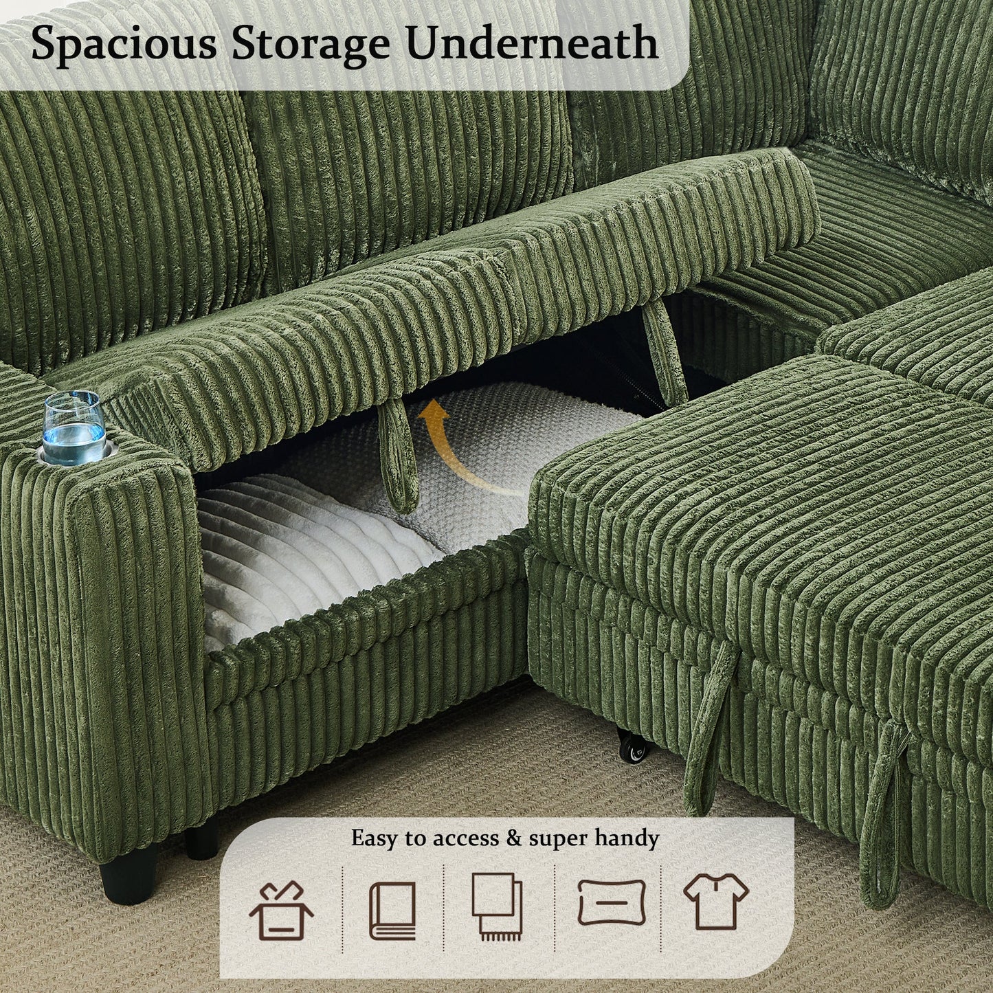 Sofa Bed L-Shape Corduroy Olive Green 5 Seat Pull-Out USB Ports 81 In- NIKKI CASA- {{Product type}}