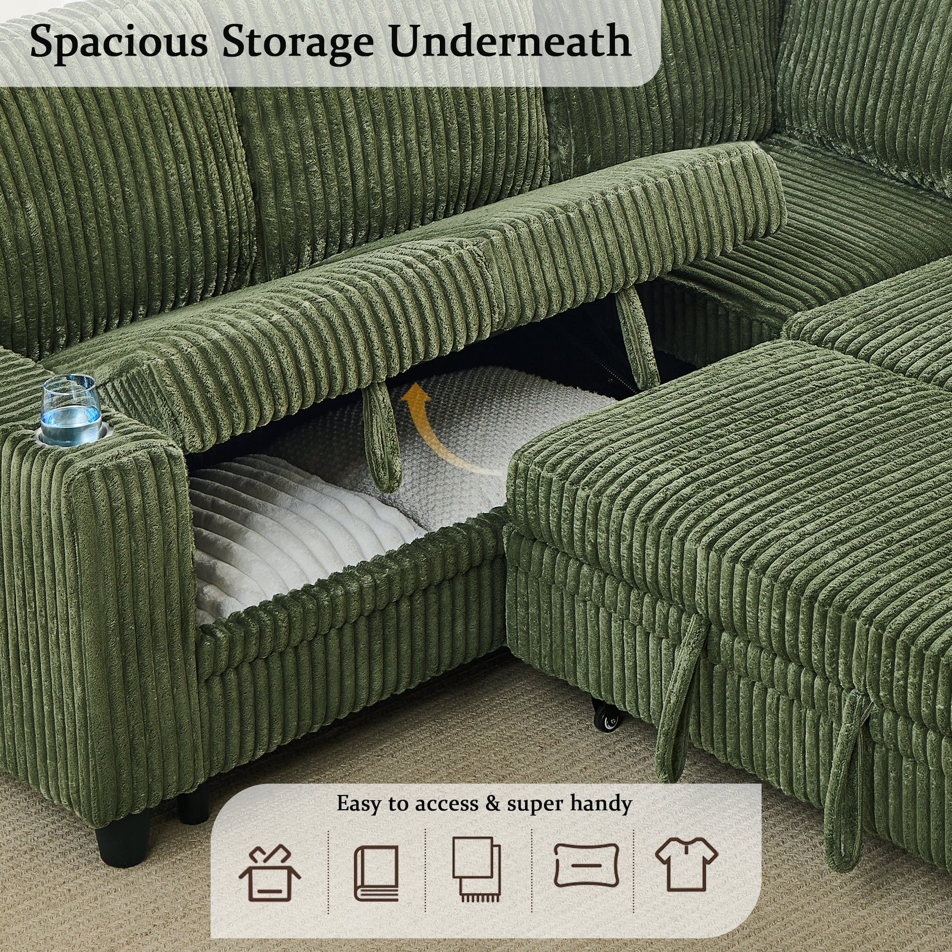 Sofa Bed L-Shape Corduroy Olive Green 5 Seat Pull-Out USB Ports 81 In- NIKKI CASA- {{Product type}}