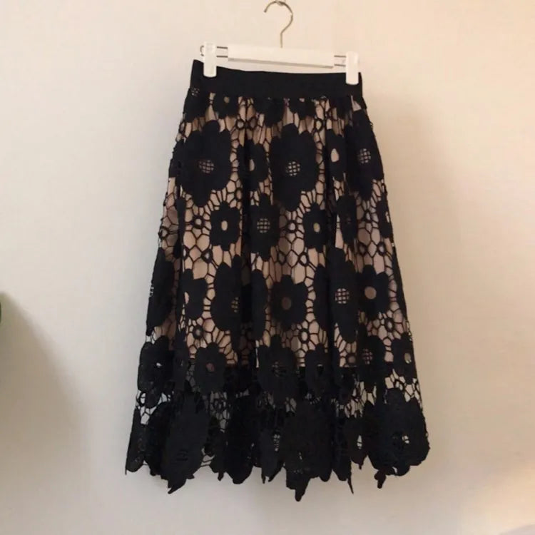 Women Flower Embroidery Hollow Out Lace Skirt Black Skirt