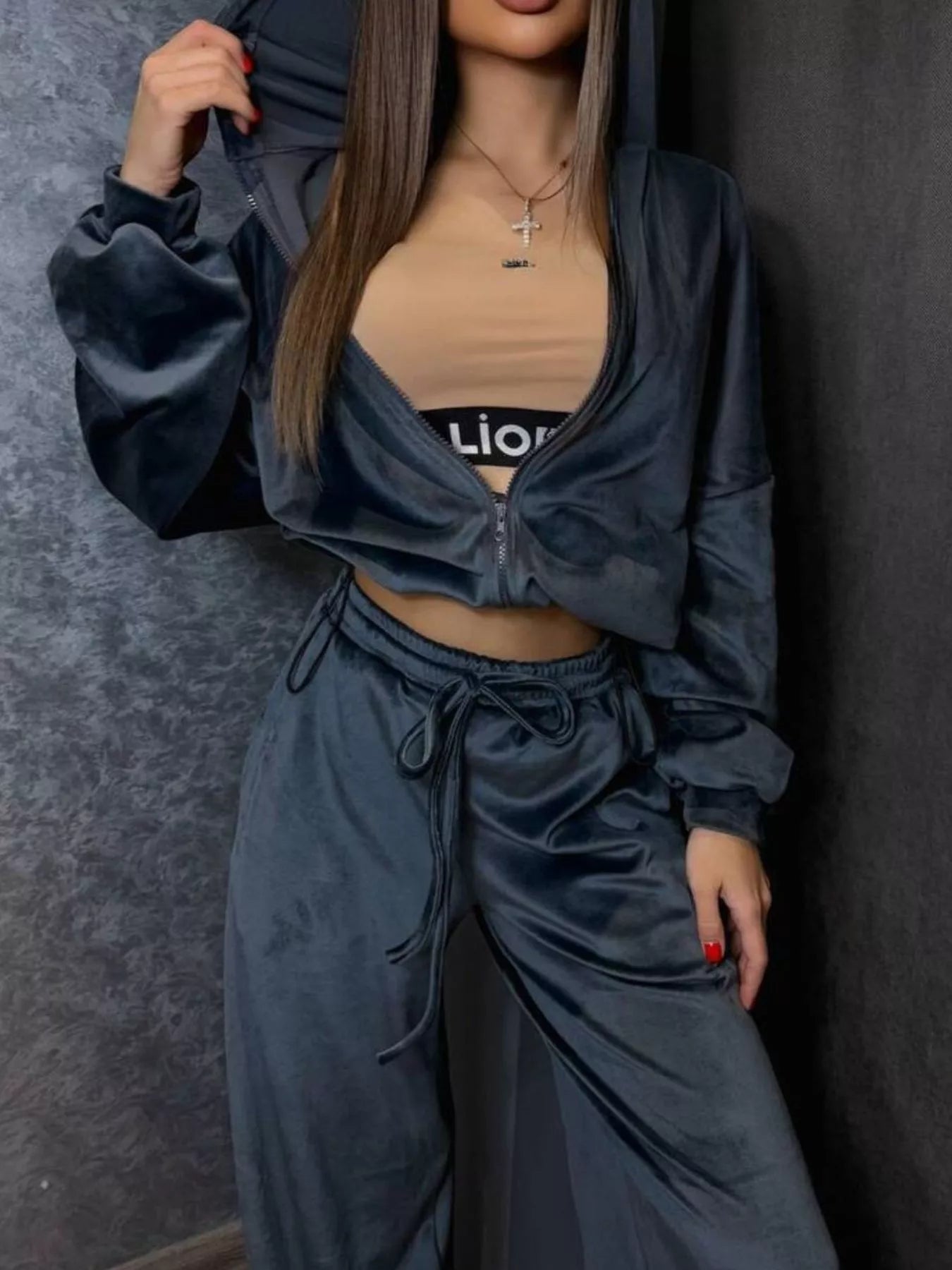 Zip Up Cropped Outerwear and Pants Set - Grey -