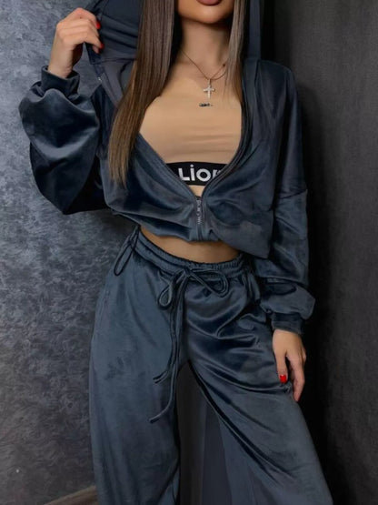 Zip Up Cropped Outerwear and Pants Set - Grey -