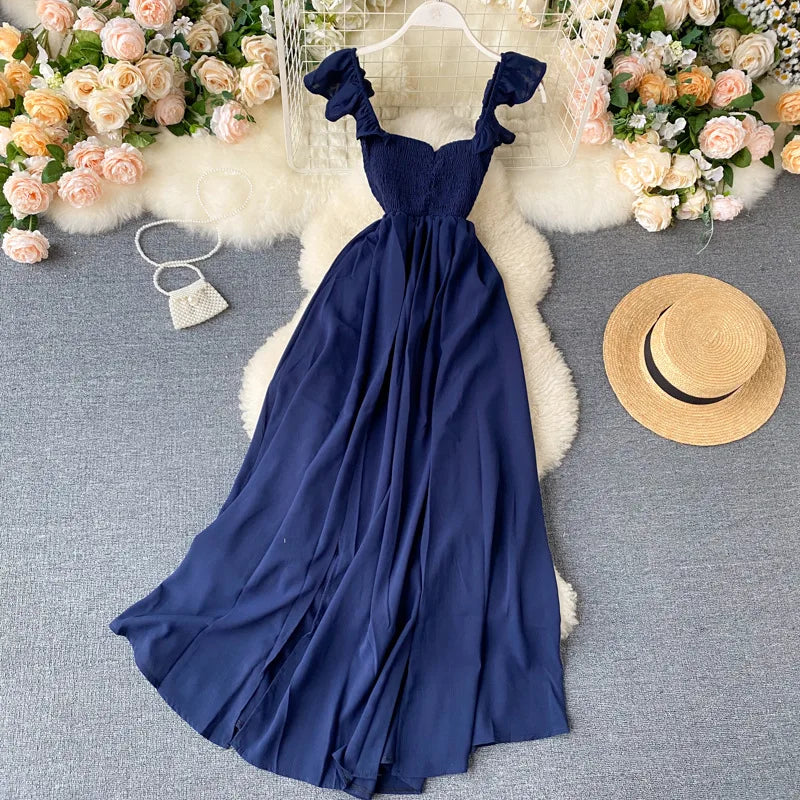 Women High Waist Elastic Slash Neck Women Long Dress Big Swing A-Line Slit Dress