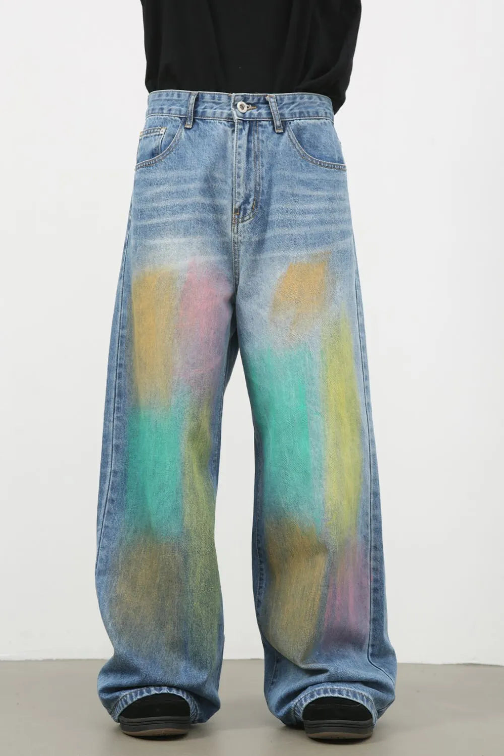 Men's Contrast Wide Leg Jeans - -