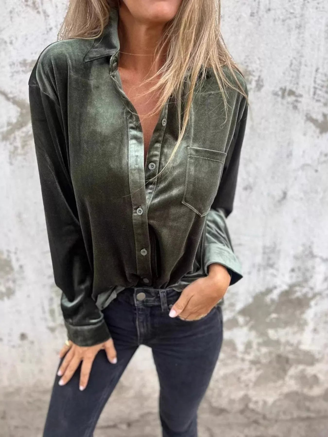 Full Size Velvet Button-Up Long Sleeve Shirt Plus Size - Army Green -
