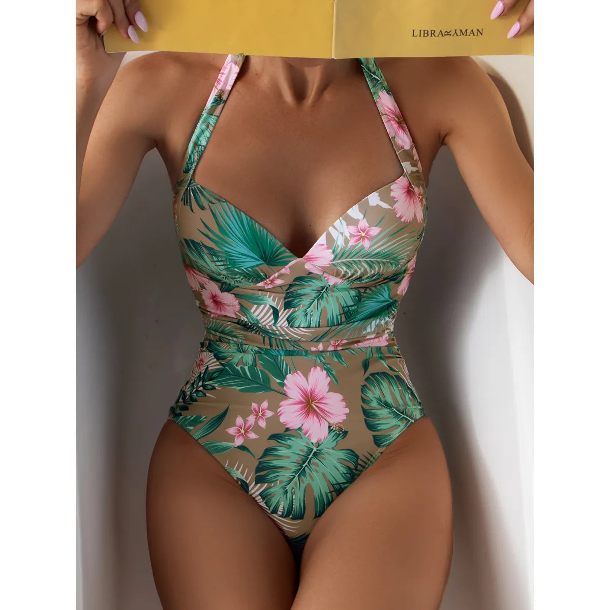 Conservative Printed Halter One-Piece Swimsuit - Gray L - swimwear